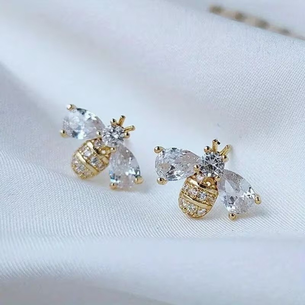 Gold Bumblebee Stud Earrings Clear Crystal Cubic Zirconia‎ Bee Jewelry Womens